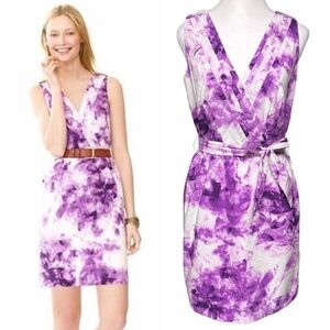Banana Republic Purple Tie Dye Sheath Dress Tie Waist Pleated V-Neck Career 8